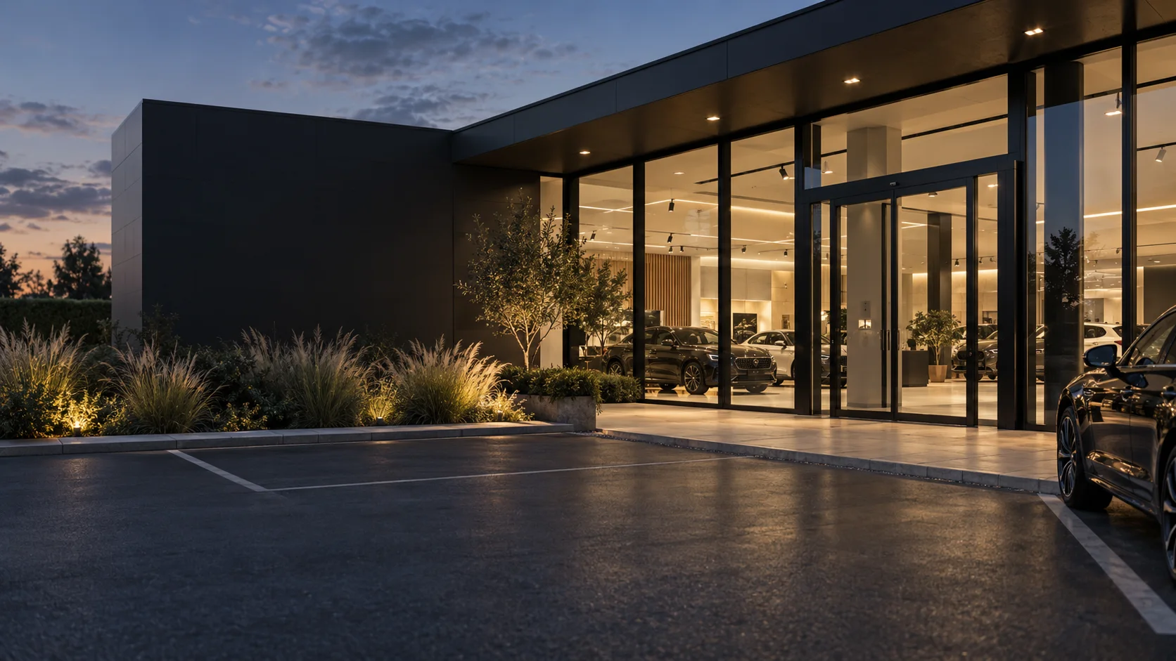 Intrarea unui showroom fictiv la apus, imagine AI