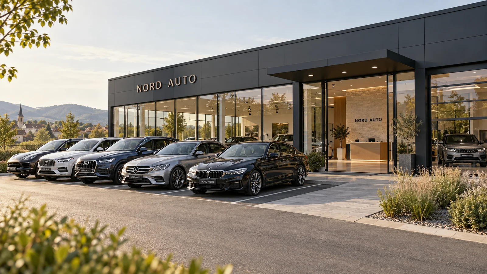 Showroom și parc auto NORD fictiv, imagine generată cu AI