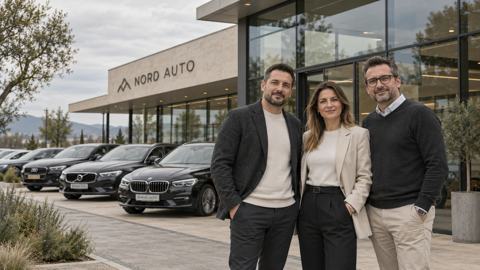 Echipa fictivă NORD în fața showroomului, imagine AI